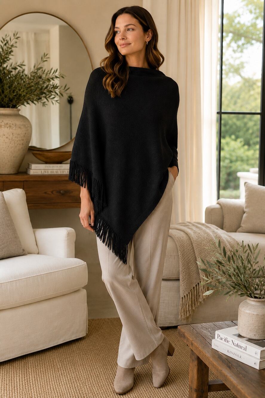 NIC+ZOE Metallic Knit Fringe Poncho Black Onyx One Size NWT
